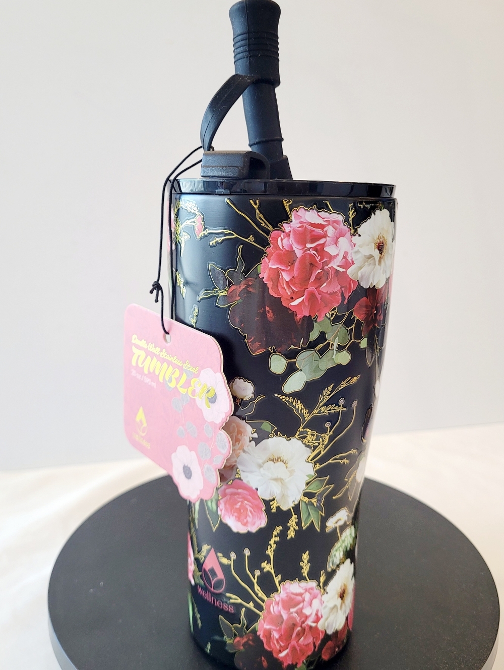 Floral Stainless Tumbler with Straw - Black/Pink Floral - Picture 6 of 6